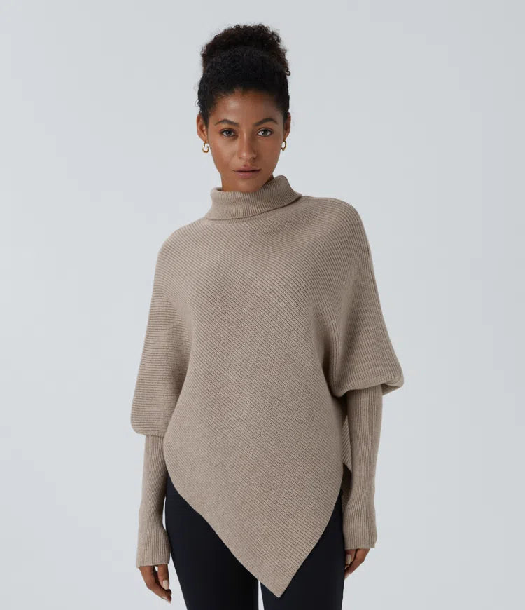 High Neck Long Sleeve Asymmetrical Hem Work Sweater