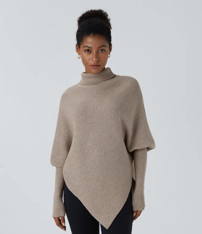 High Neck Long Sleeve Asymmetrical Hem Work Sweater