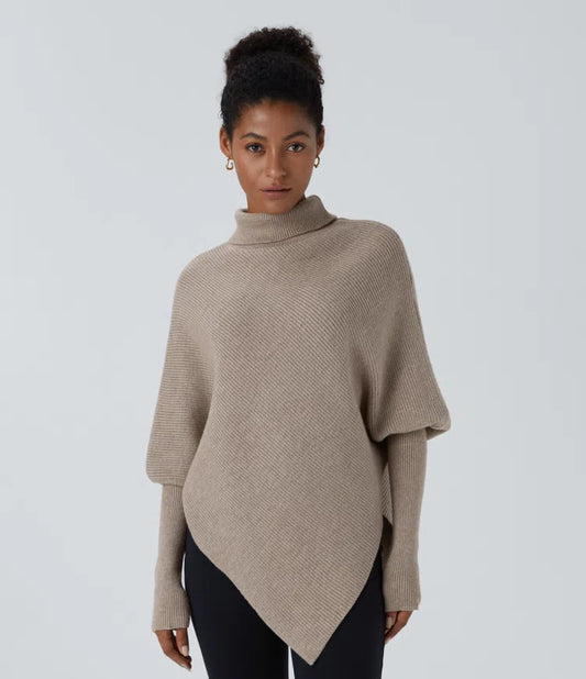 High Neck Long Sleeve Asymmetrical Hem Work Sweater