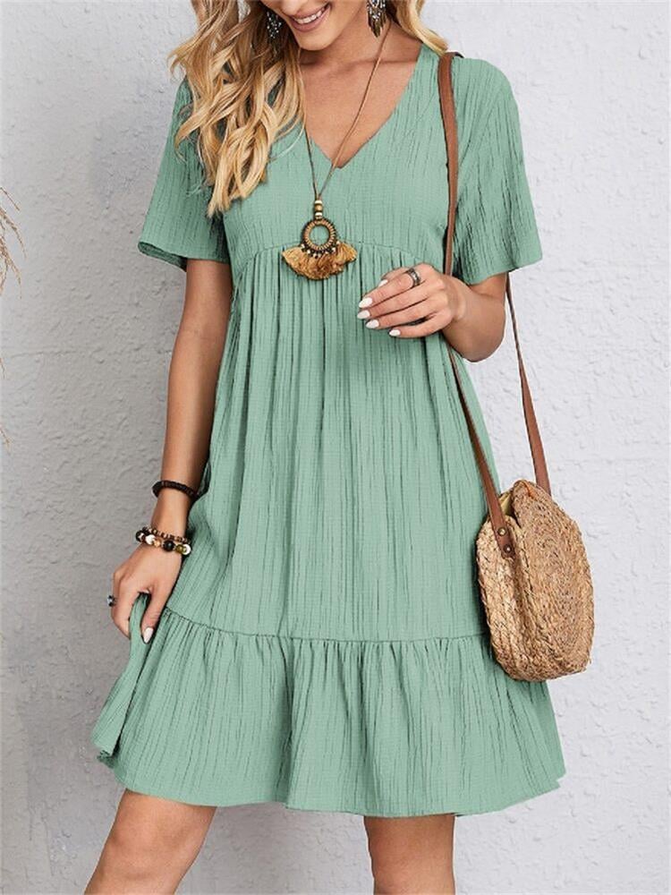 Jade™ – Women's Pleated Ruffle Solid Casual V-Neck Dresses