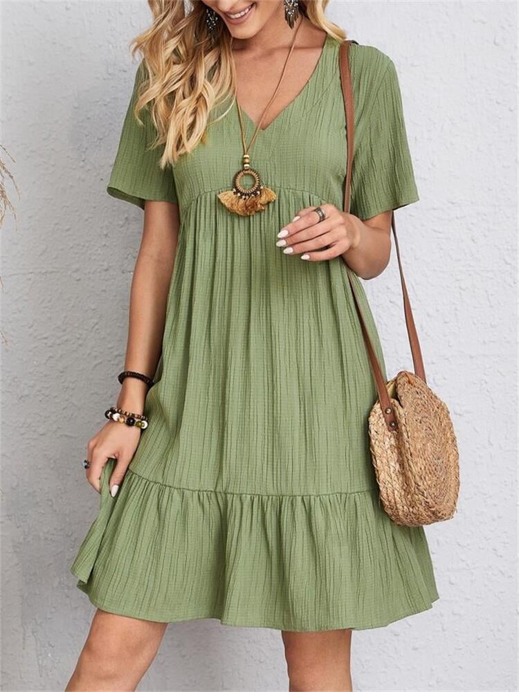 Jade™ – Women's Pleated Ruffle Solid Casual V-Neck Dresses