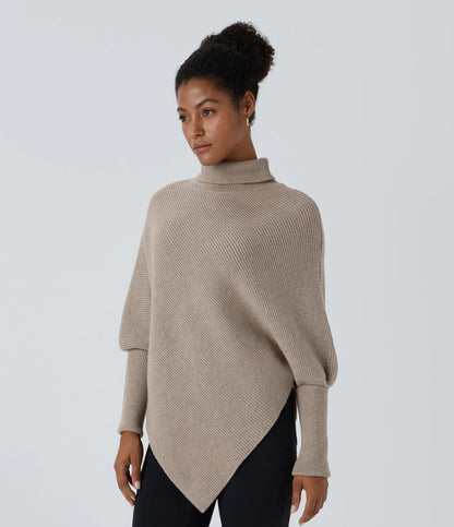 High Neck Long Sleeve Asymmetrical Hem Work Sweater