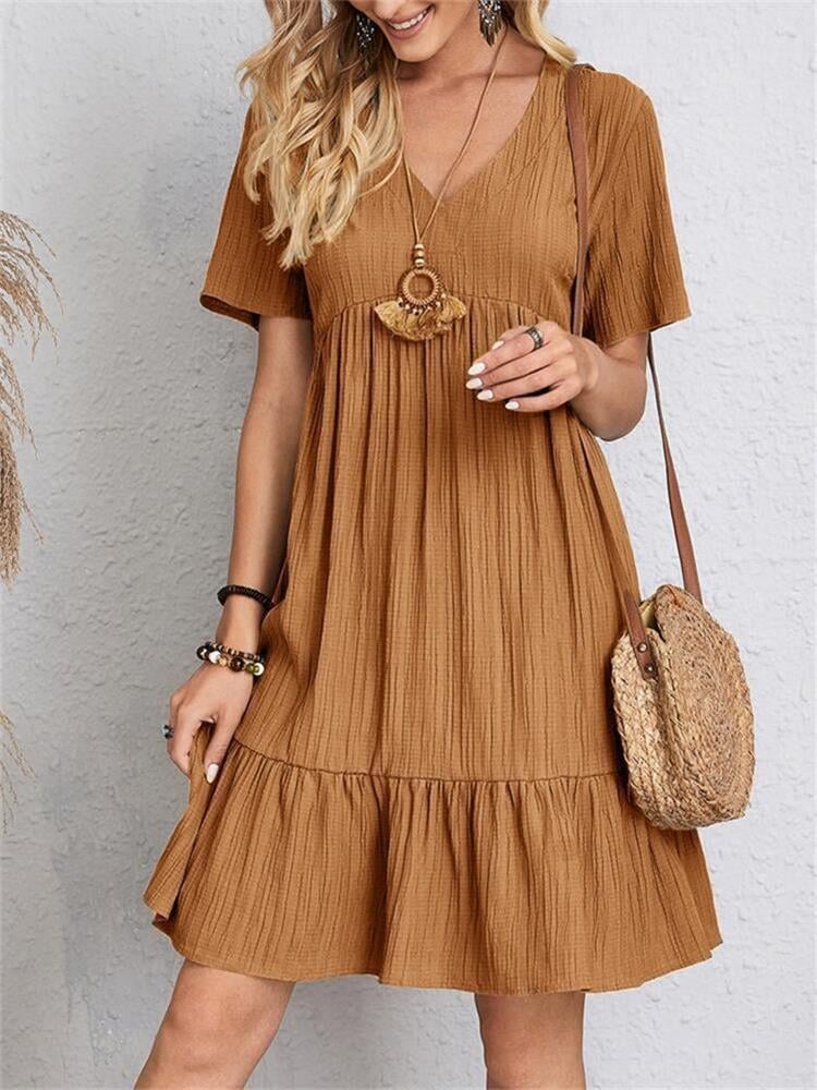 Jade™ – Women's Pleated Ruffle Solid Casual V-Neck Dresses