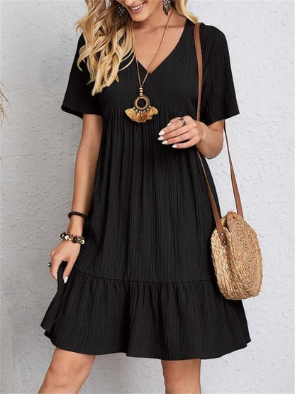 Jade™ – Women's Pleated Ruffle Solid Casual V-Neck Dresses