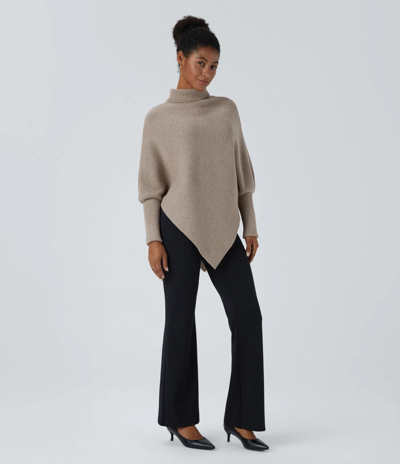 High Neck Long Sleeve Asymmetrical Hem Work Sweater