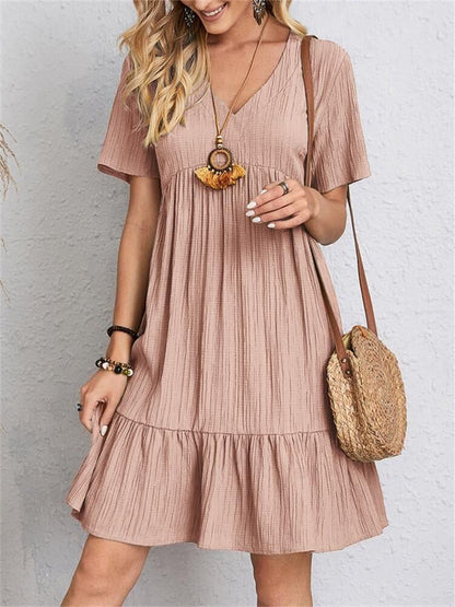 Jade™ – Women's Pleated Ruffle Solid Casual V-Neck Dresses