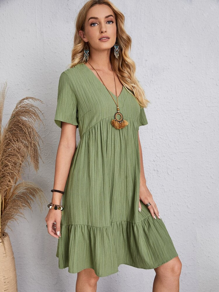 Jade™ – Women's Pleated Ruffle Solid Casual V-Neck Dresses