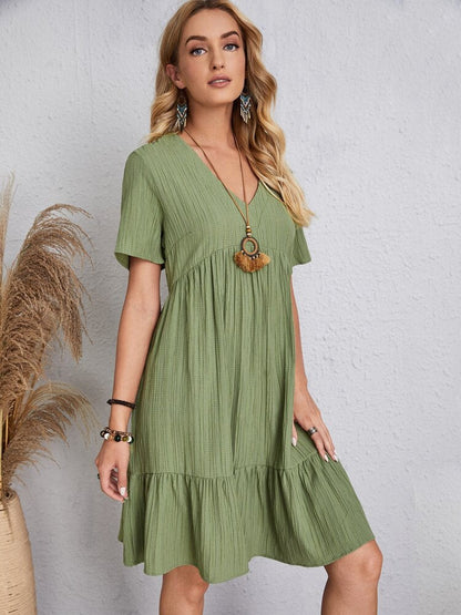 Jade™ – Women's Pleated Ruffle Solid Casual V-Neck Dresses