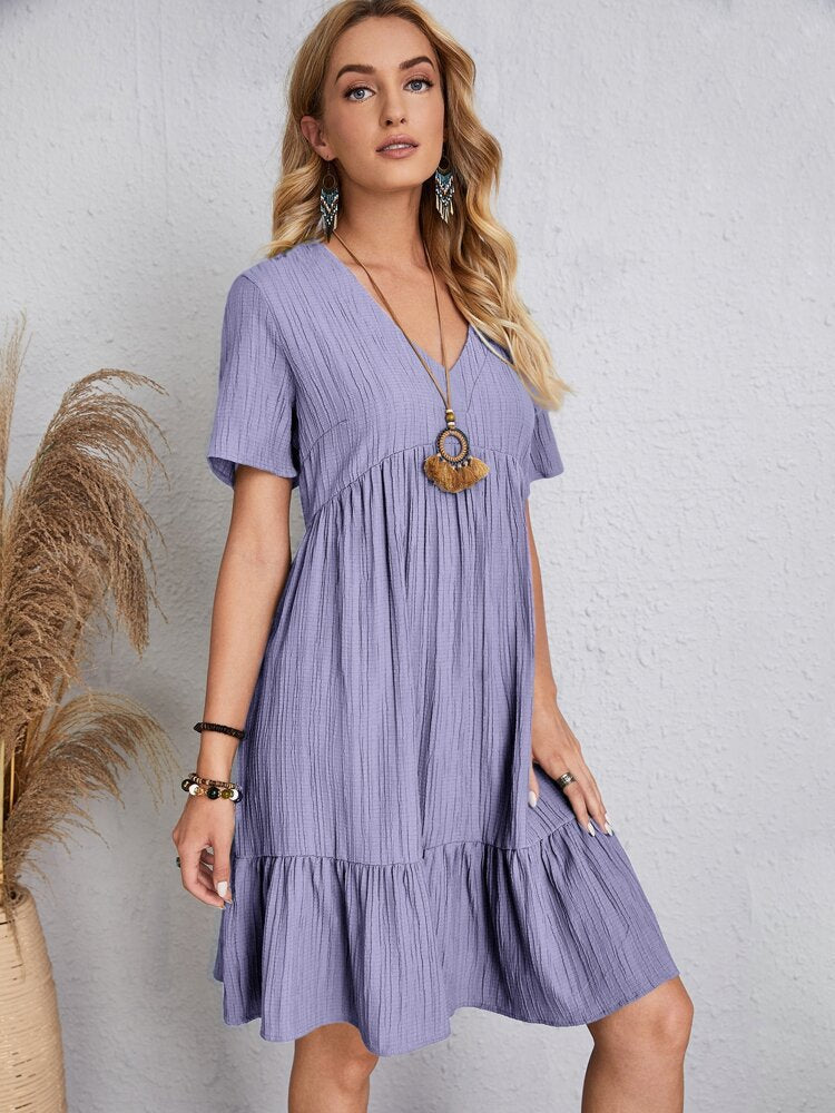 Jade™ – Women's Pleated Ruffle Solid Casual V-Neck Dresses