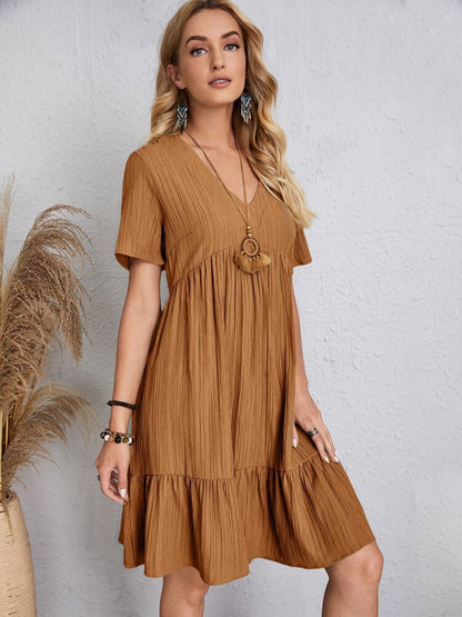 Jade™ – Women's Pleated Ruffle Solid Casual V-Neck Dresses