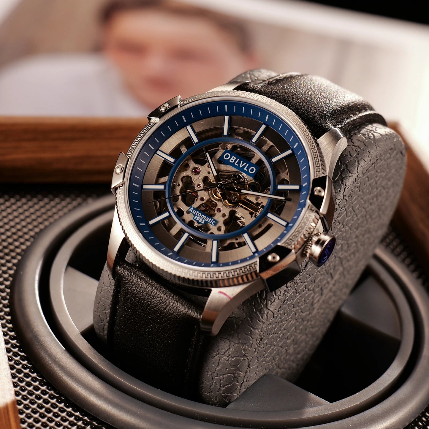 Designer Men's Blue Skeleton Dial Automatic Watch