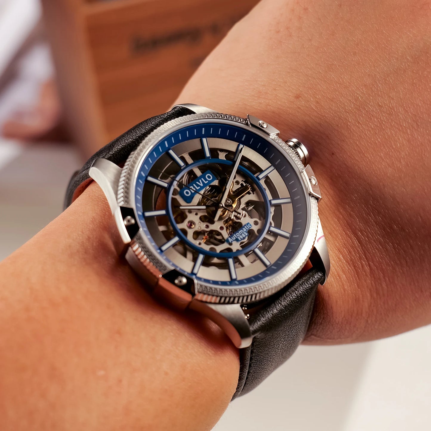 Designer Men's Blue Skeleton Dial Automatic Watch