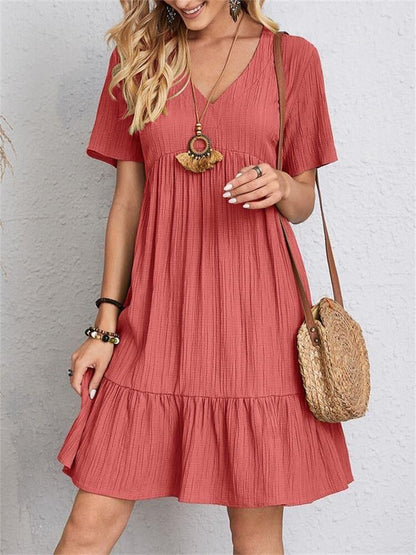 Jade™ – Women's Pleated Ruffle Solid Casual V-Neck Dresses