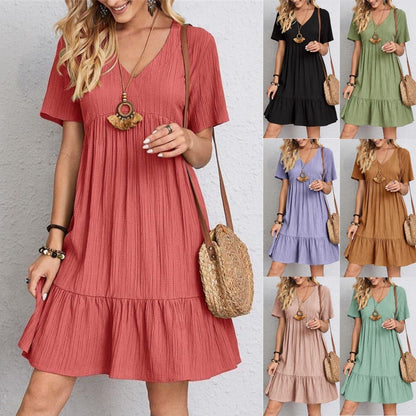 Jade™ – Women's Pleated Ruffle Solid Casual V-Neck Dresses