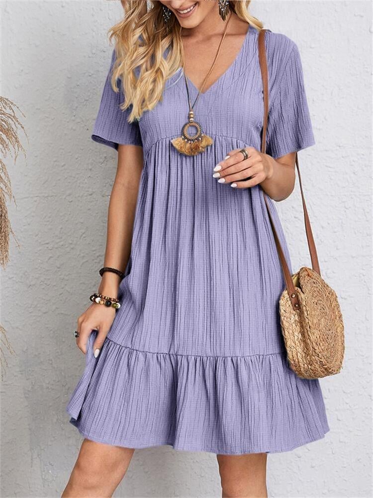 Jade™ – Women's Pleated Ruffle Solid Casual V-Neck Dresses